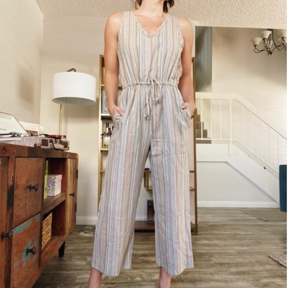 Anthropologie DREW Linen Blend Striped Jumpsuit NEW